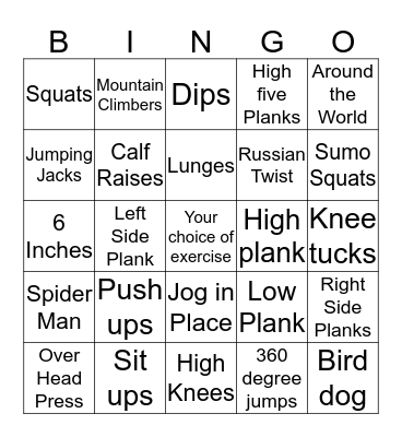 Physical activity Bingo Card