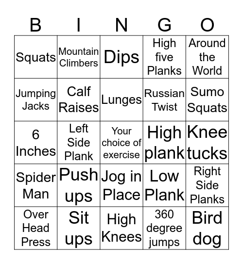 Physical activity Bingo Card