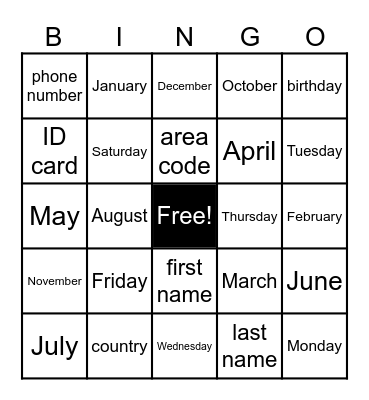 Unit 1 Vocabulary Bingo Card