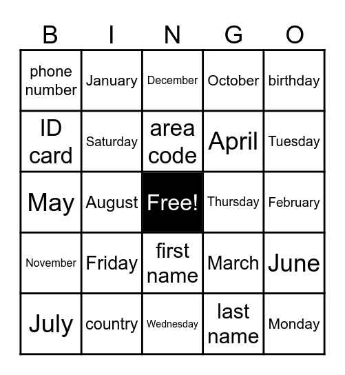 Unit 1 Vocabulary Bingo Card