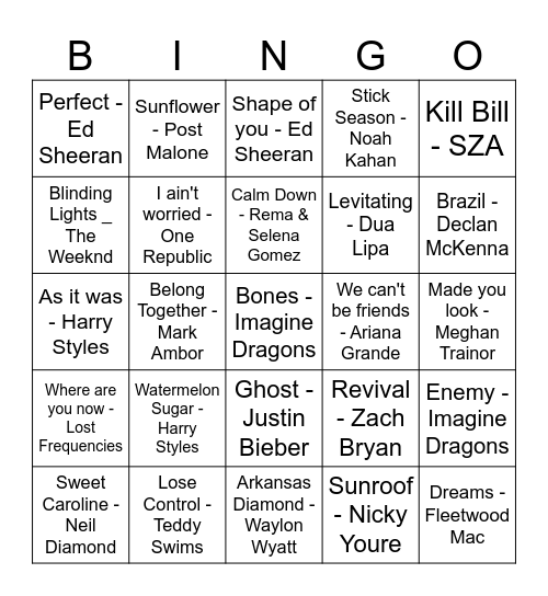 Music Bingo Card