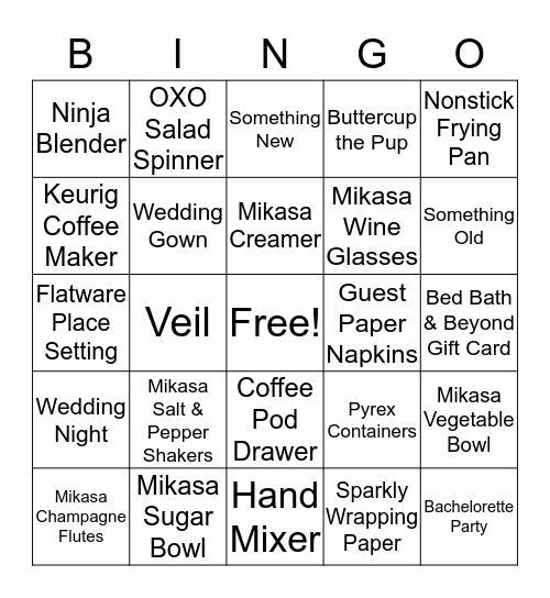 Kara's Bridal Shower Bingo Card