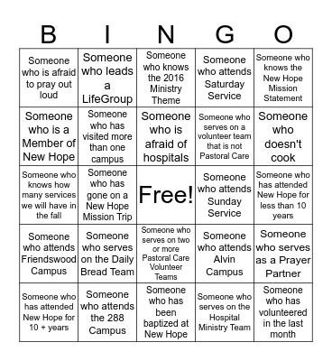 New Hope Church Pastoral Care BINGO Card