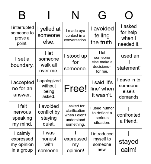 Passive, Assertive, Aggressive Bingo Card