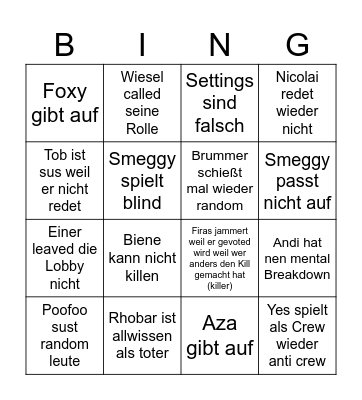 Among Us Bingo Card