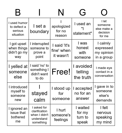 Assertiveness Bingo Card