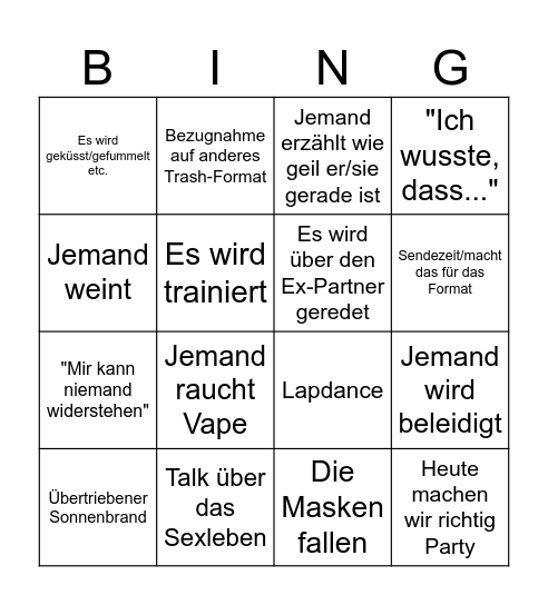 Trash-TV Germany Shore Bingo Card