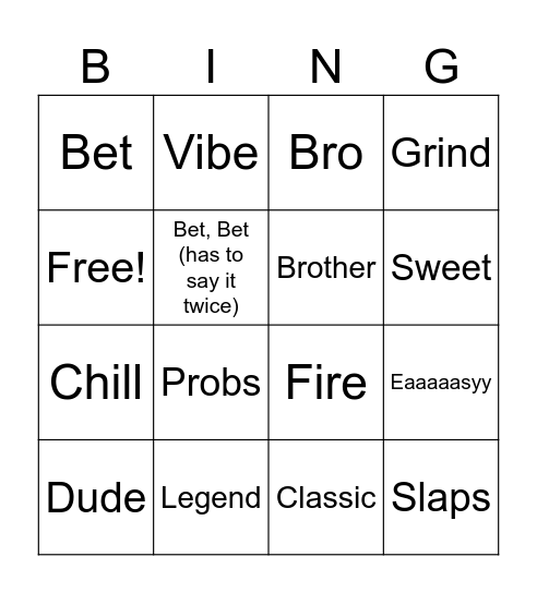 Jake Slang Bingo Card