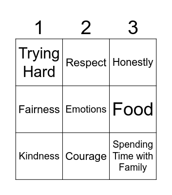 Kindergartener Value Bingo Card