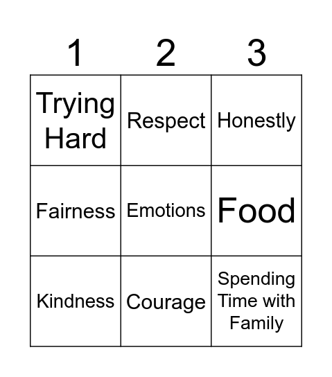 Kindergartener Value Bingo Card