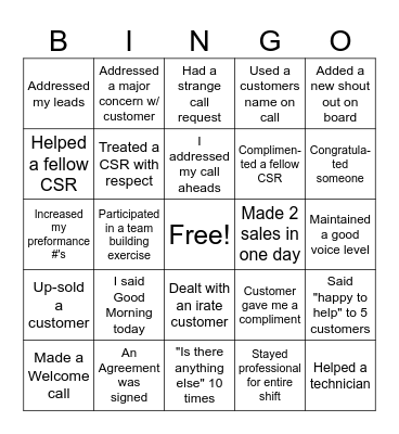 Customer Service Bingo Card