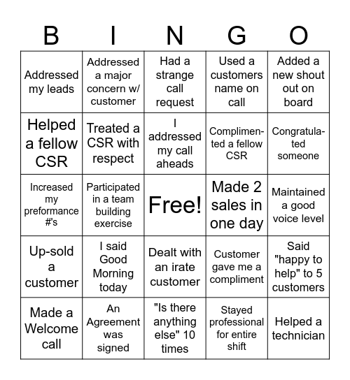 Customer Service Bingo Card