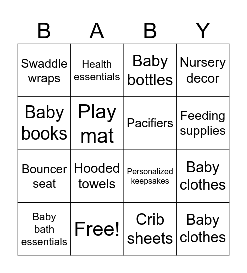 Baby shower Bingo Card