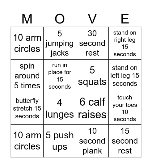 Fitness Bingo Card