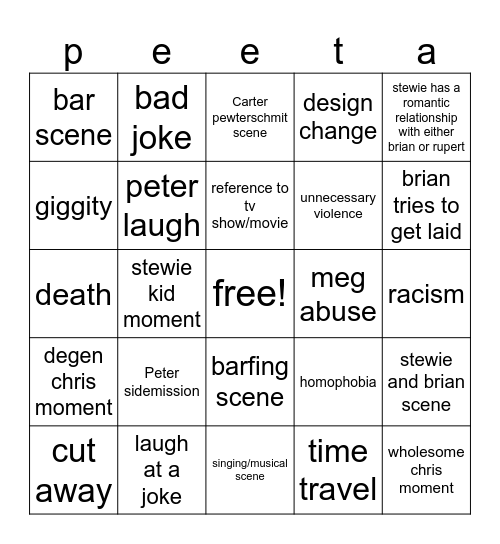 Family Guy Bingo Card