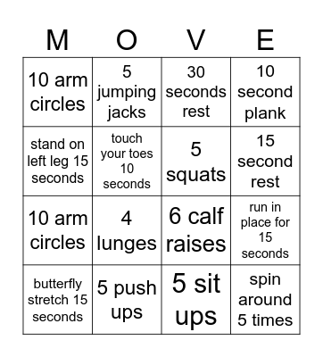 Fitness Bingo Card