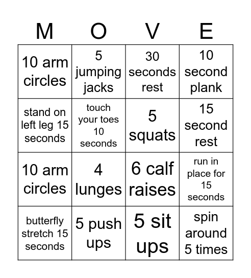 Fitness Bingo Card