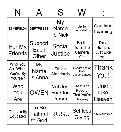 NASW Code of Ethics Bingo Card