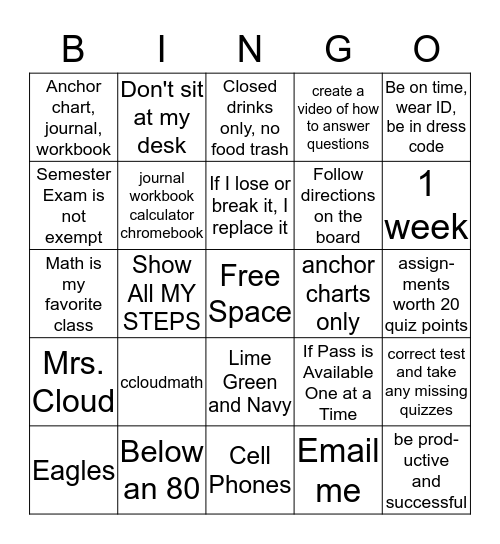 Mrs. Cloud's Math Bingo Card