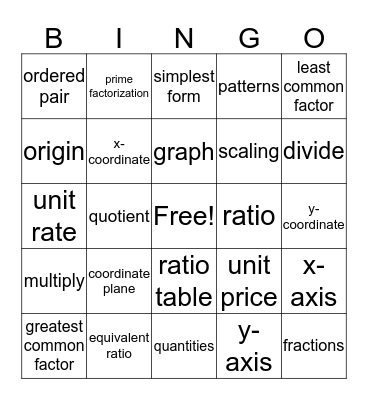 Ratios and Rates Bingo Card