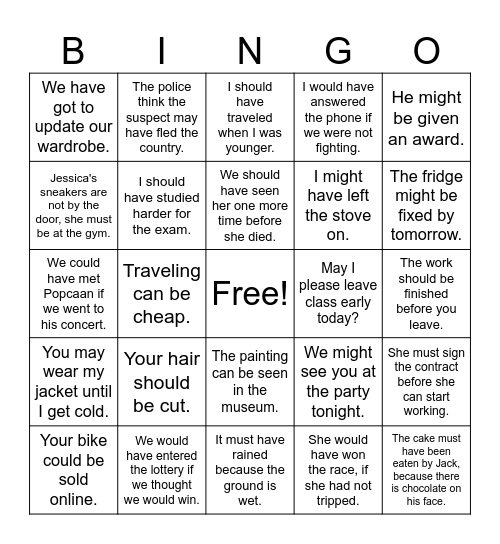 Modals Bingo Card