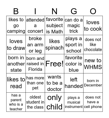 Getting to know my classmates  Bingo Card