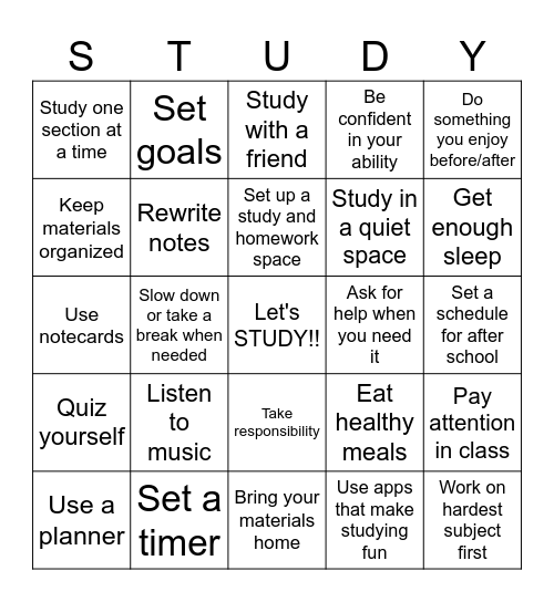 Middle School Study Skills Bingo Card