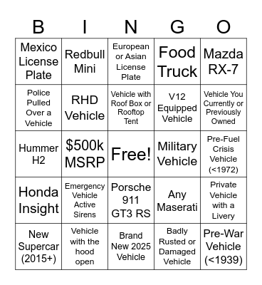 Cars & Bids Car Spotting BINGO! Bingo Card