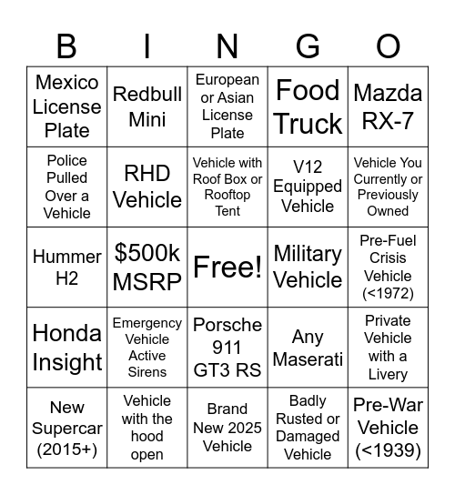 Cars & Bids Car Spotting BINGO! Bingo Card