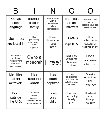 D&I Bingo Card