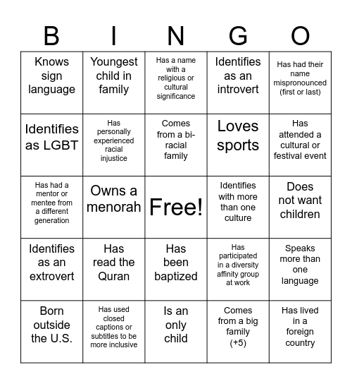 D&I Bingo Card