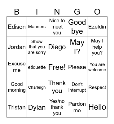 Manners Bingo Card