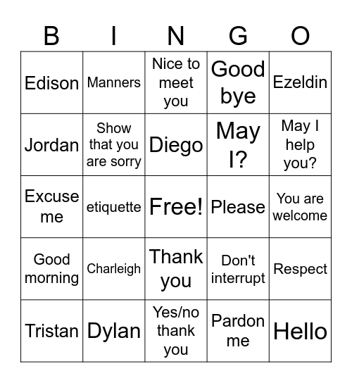 Manners Bingo Card