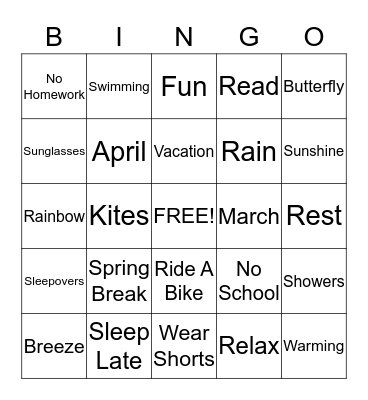 Spring Break Bingo Card