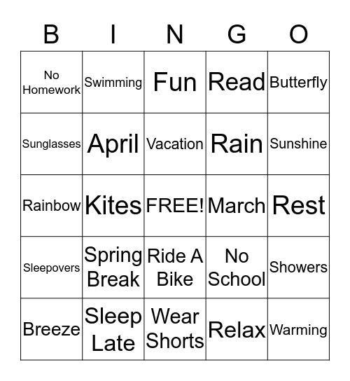 Spring Break Bingo Card