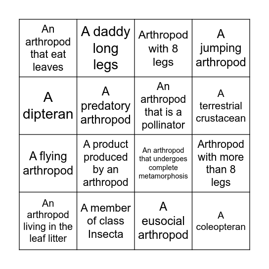 Arthropod Bingo Card