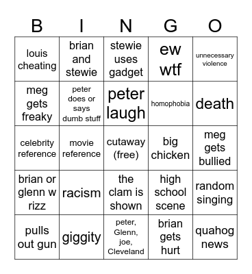 Family Guy Bingo Card