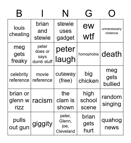 Family Guy Bingo Card