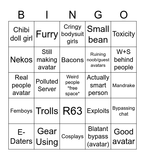 The Catalog avatar creator bingo Card