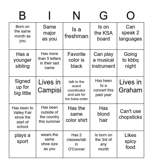 KSA Bingo Find Someone Who Bingo Card