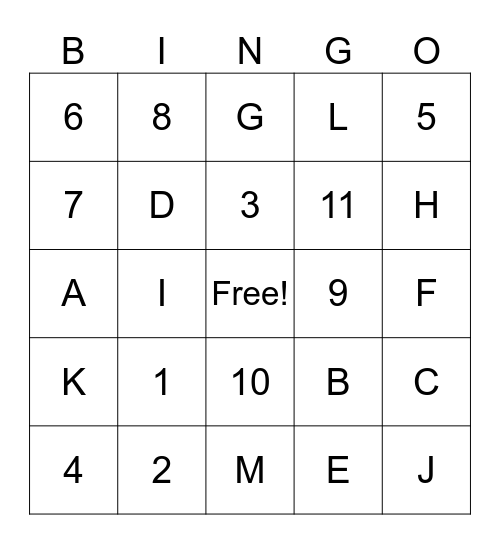 Letters and Numbers Bingo! Bingo Card