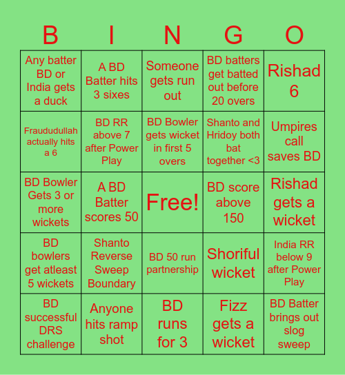 BD vs India T20 Game 2 Bingo Card