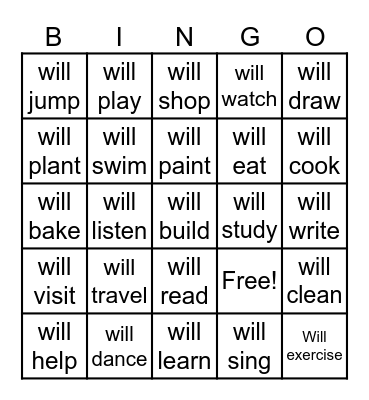 Simple Future Tense Bingo Card