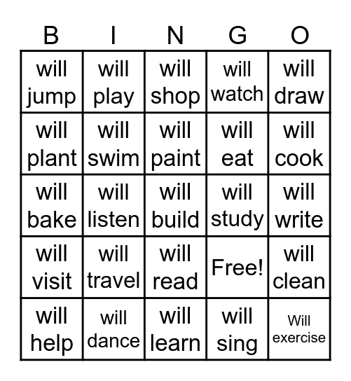 Simple Future Tense Bingo Card