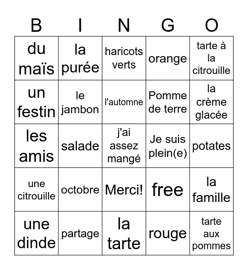 L'action de grace Bingo Card