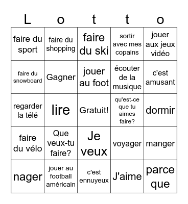 Like/ Want FRENCH Bingo Card