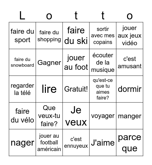 Like/ Want FRENCH Bingo Card