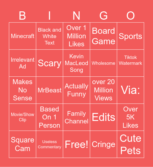 YT Shorts Bingo Card