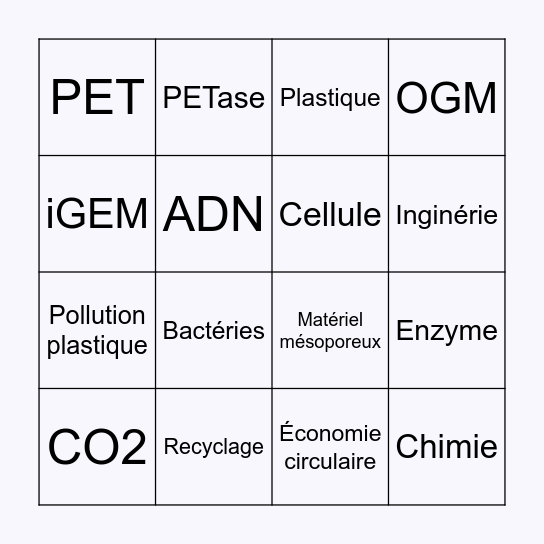 Bingo sur la bio synthétique et le projet! Bingo Card