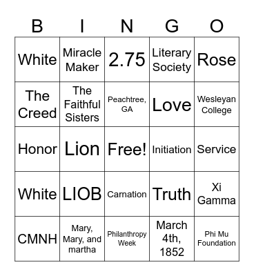 Phi Mu Bingo! Bingo Card